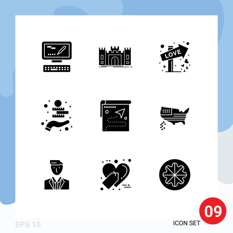 9 User Interface Solid Glyph Pack of modern Signs and Symbols of route asset direction coins money investment Editable Vector Design Elements
