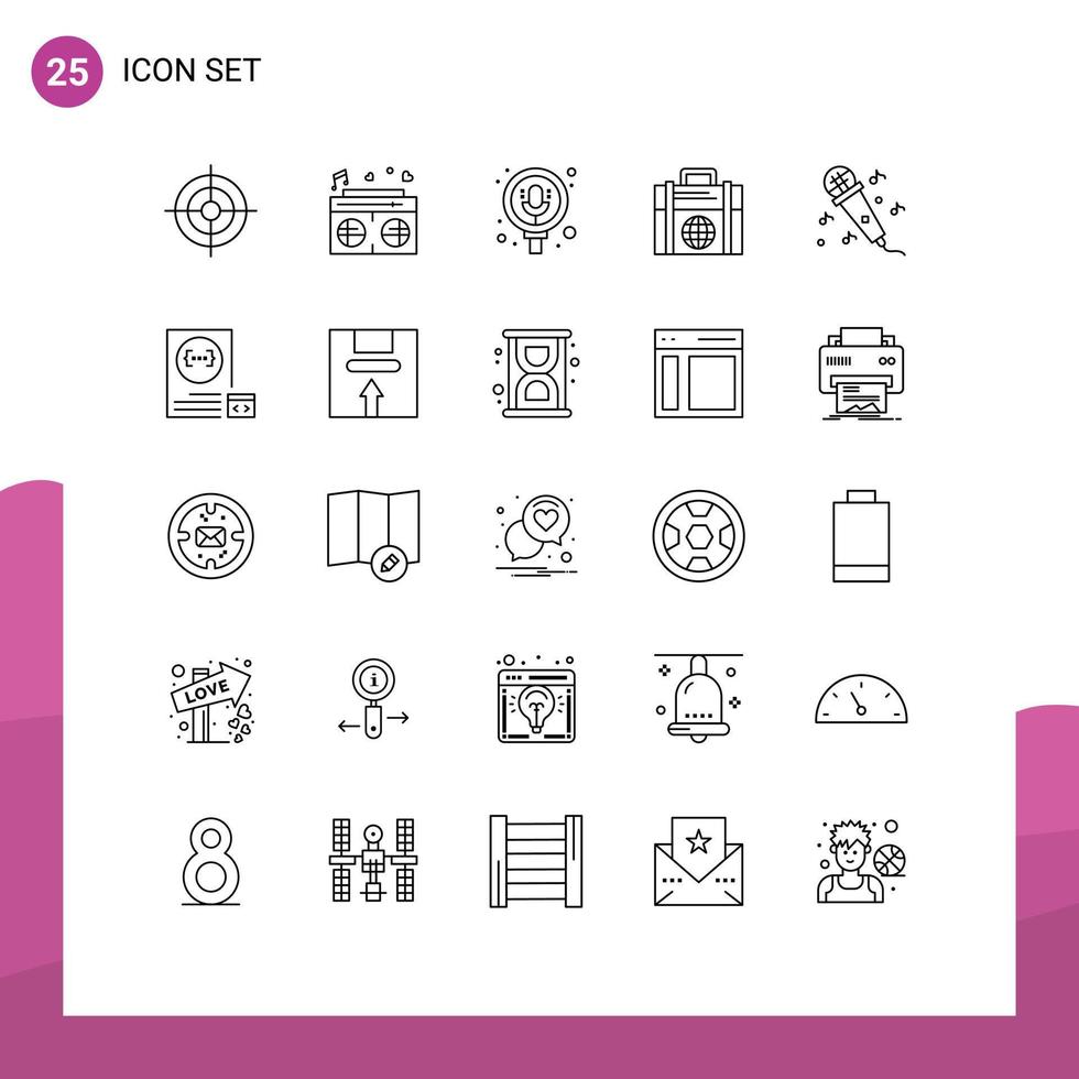 Group of 25 Lines Signs and Symbols for microphone globe search modern business Editable Vector Design Elements