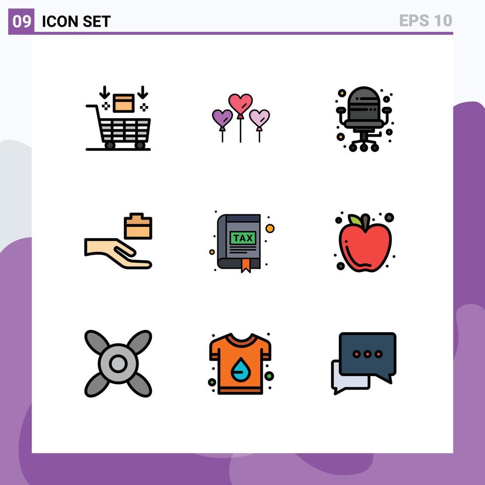 9 User Interface Filledline Flat Color Pack of modern Signs and Symbols of interface book chair app hand Editable Vector Design Elements