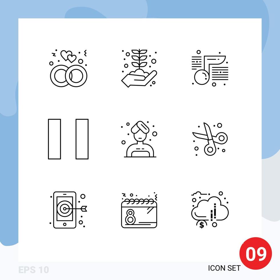 Set of 9 Modern UI Icons Symbols Signs for cut sauna music care pause Editable Vector Design Elements