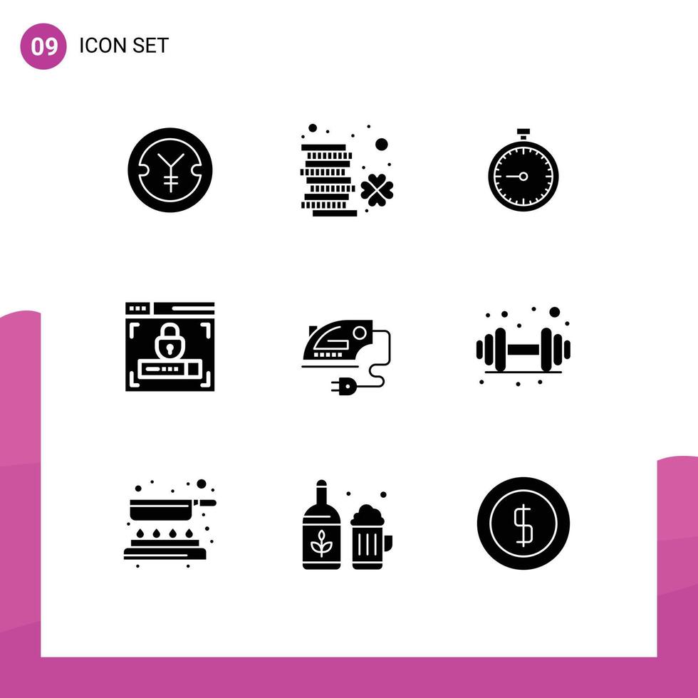 Pack of 9 Modern Solid Glyphs Signs and Symbols for Web Print Media such as security watch patrick timer quick Editable Vector Design Elements