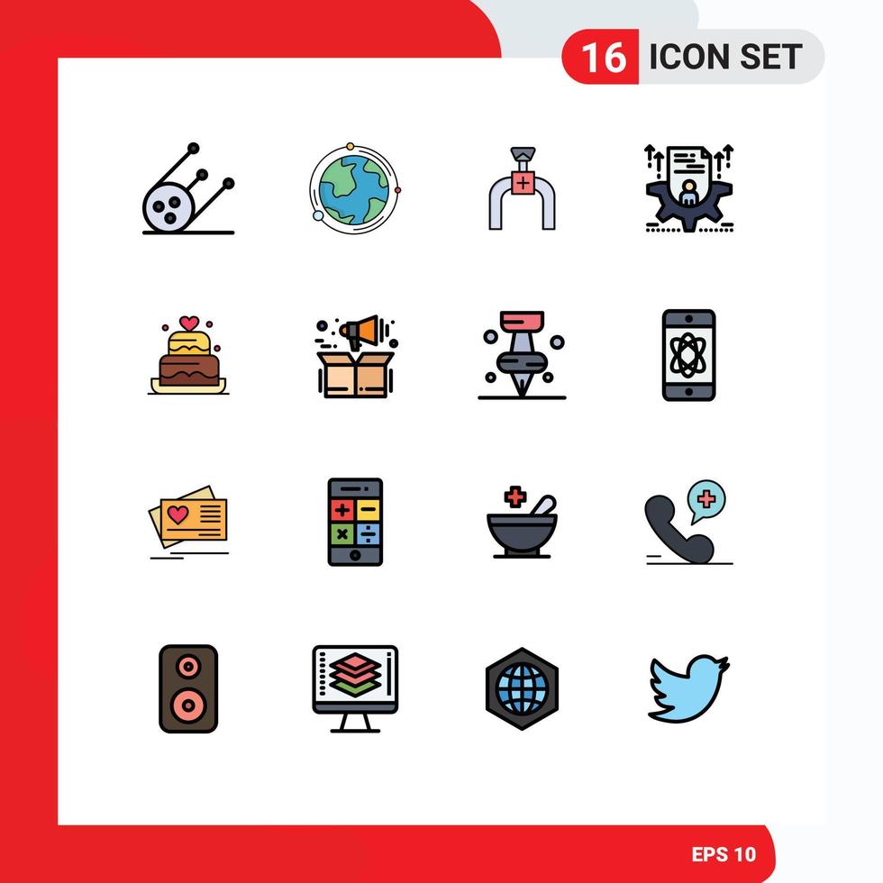 Modern Set of 16 Flat Color Filled Lines Pictograph of cake setting pipeline profile resume Editable Creative Vector Design Elements