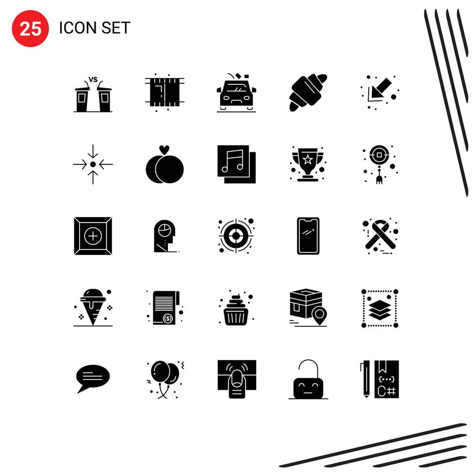 25 Universal Solid Glyphs Set for Web and Mobile Applications down meal car food croissant Editable Vector Design Elements