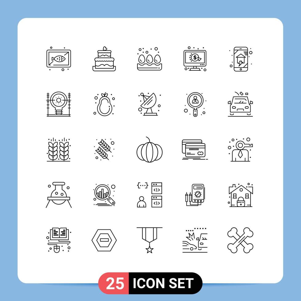 Pack of 25 Modern Lines Signs and Symbols for Web Print Media such as home networking domestics breakfast ppc pay Editable Vector Design Elements