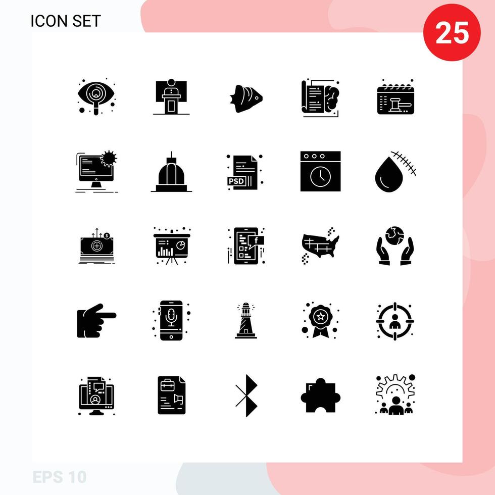 25 User Interface Solid Glyph Pack of modern Signs and Symbols of brain banner presentation schooling coral Editable Vector Design Elements