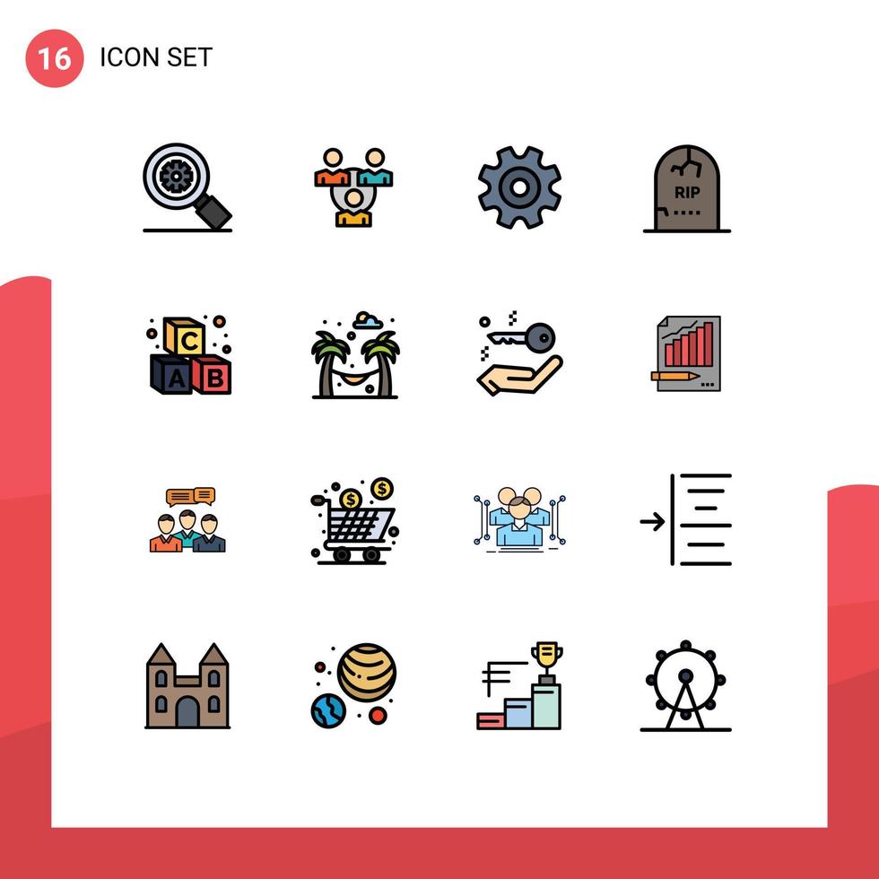 Group of 16 Modern Flat Color Filled Lines Set for alphabet graveyard cogs gravestone death Editable Creative Vector Design Elements