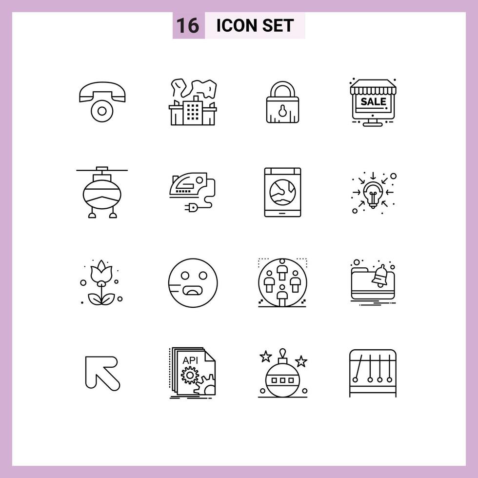 Group of 16 Outlines Signs and Symbols for transportation helicopter security shop online Editable Vector Design Elements