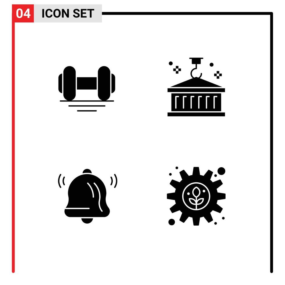 Set of 4 Vector Solid Glyphs on Grid for dumbbell bell lift container notification Editable Vector Design Elements