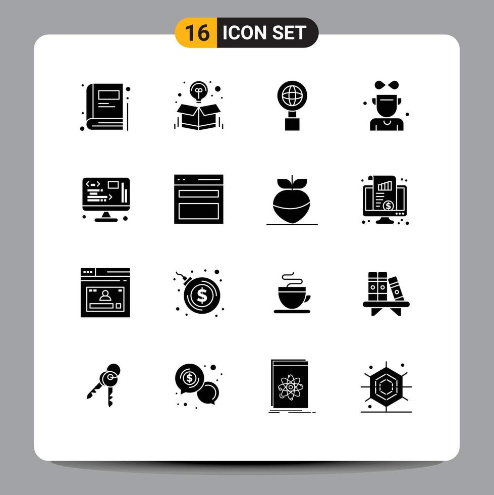 16 Universal Solid Glyph Signs Symbols of management data globe medal cup Editable Vector Design Elements