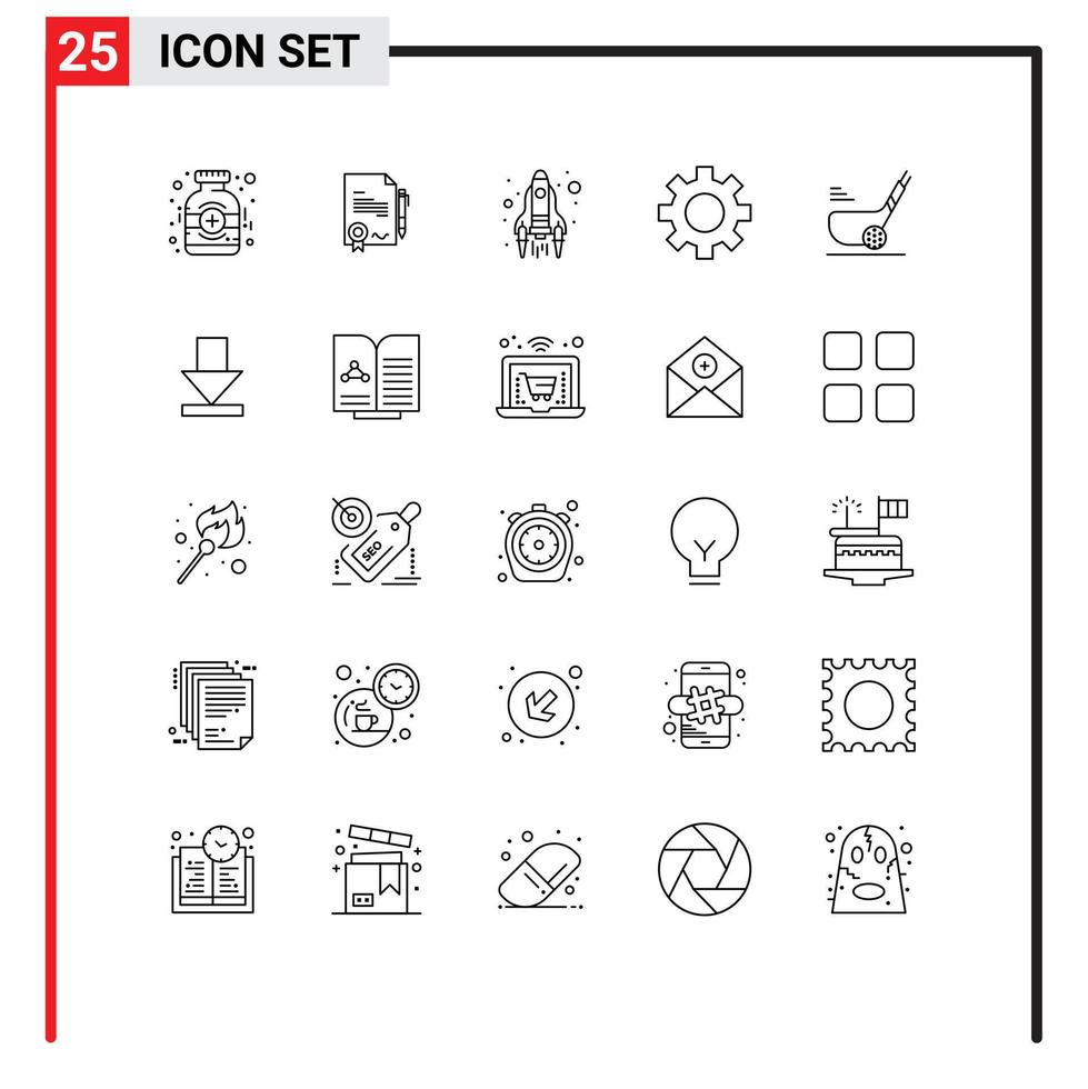Pictogram Set of 25 Simple Lines of ball golf rocket tools gear Editable Vector Design Elements