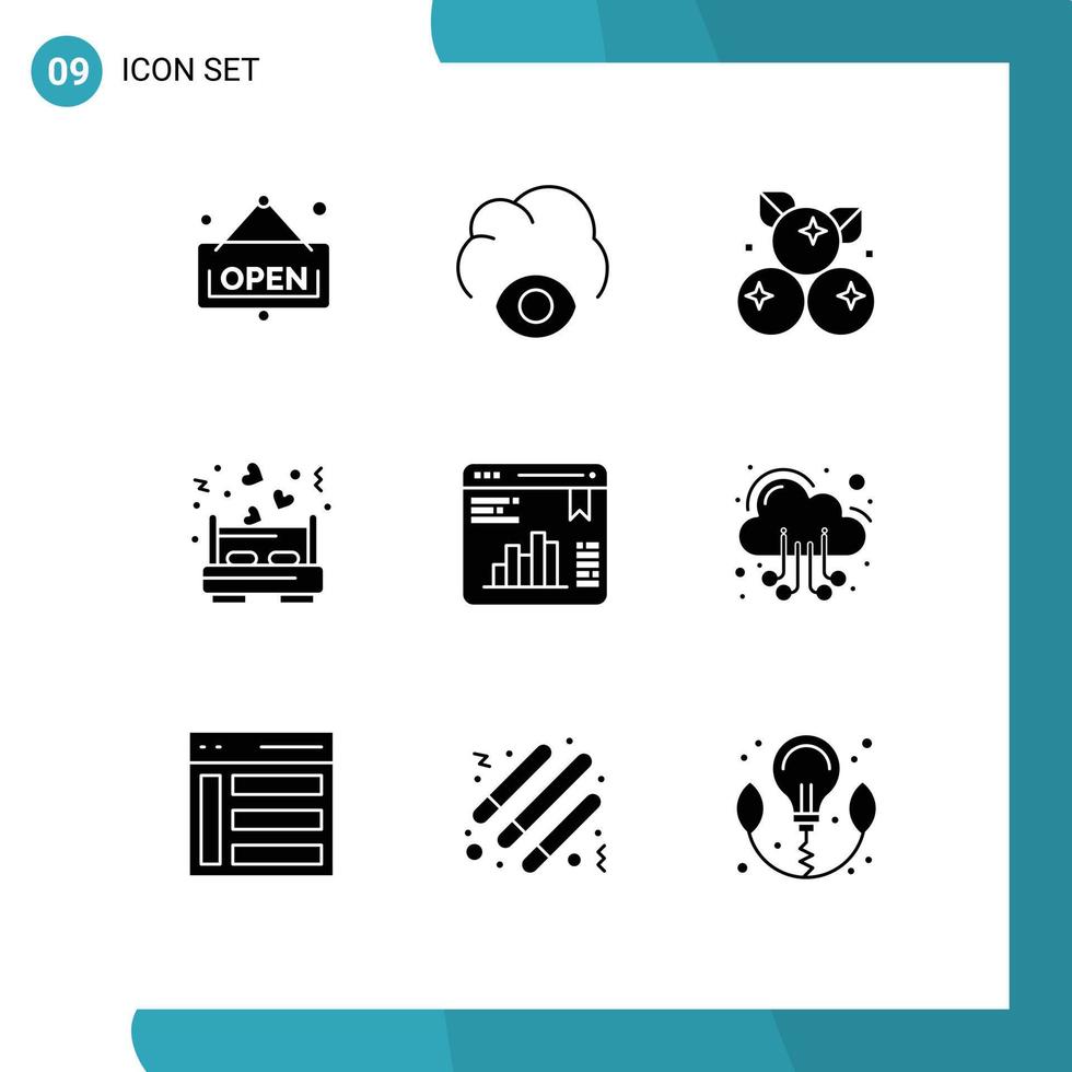 Group of 9 Solid Glyphs Signs and Symbols for web stats data fruit chart love Editable Vector Design Elements