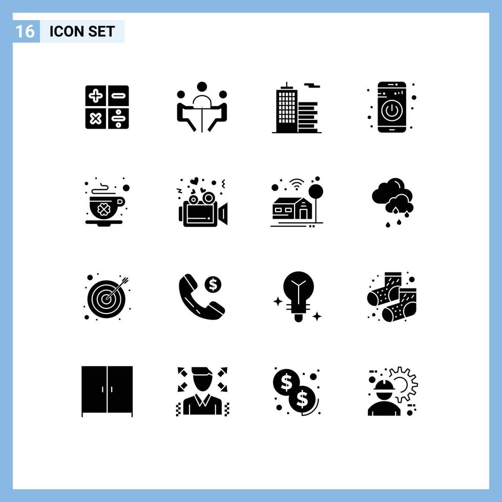 Group of 16 Solid Glyphs Signs and Symbols for cup turn on building turn off app Editable Vector Design Elements