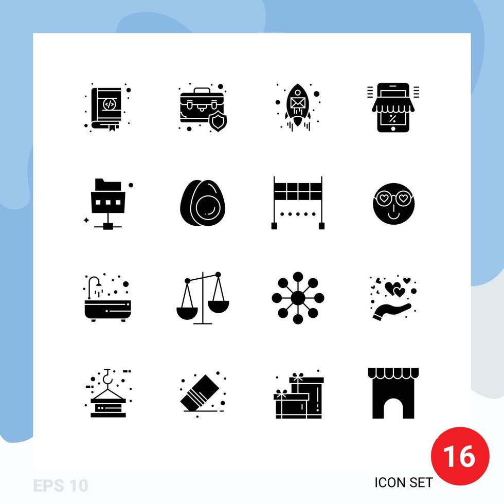 16 User Interface Solid Glyph Pack of modern Signs and Symbols of marketplace online insurance mobile rocket Editable Vector Design Elements