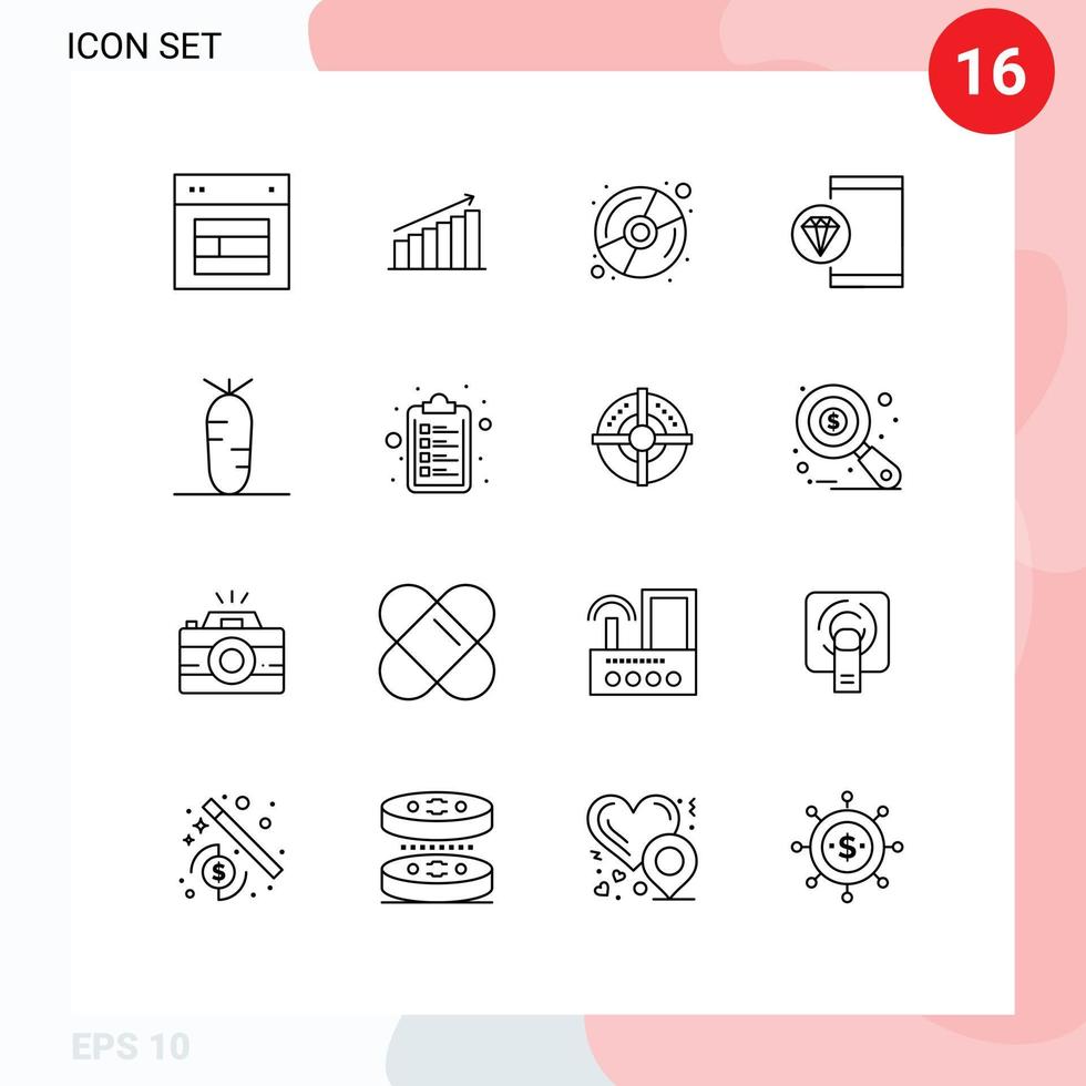 Group of 16 Outlines Signs and Symbols for develop app business multimedia disk Editable Vector Design Elements