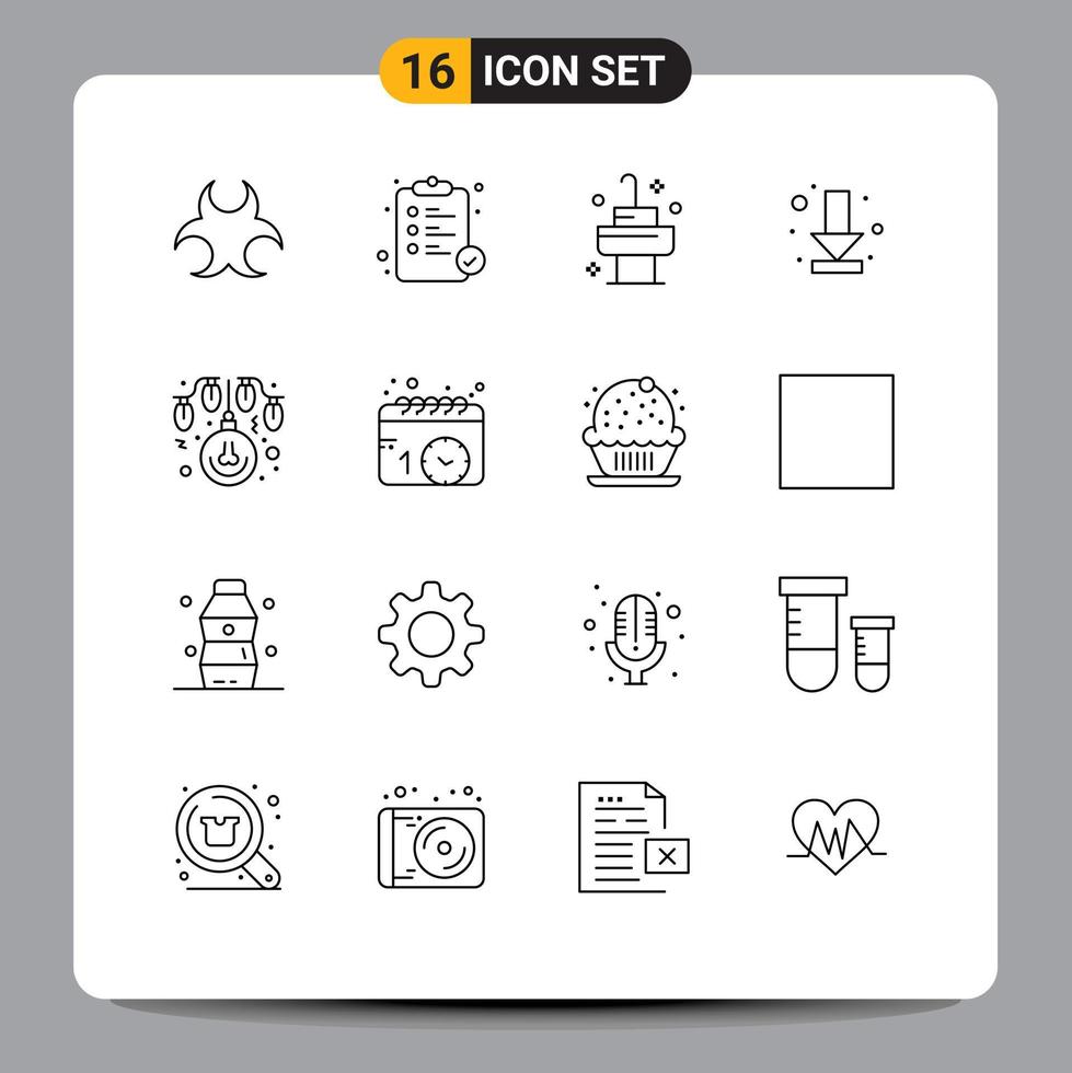 Universal Icon Symbols Group of 16 Modern Outlines of decoration bulb sink full arrow Editable Vector Design Elements