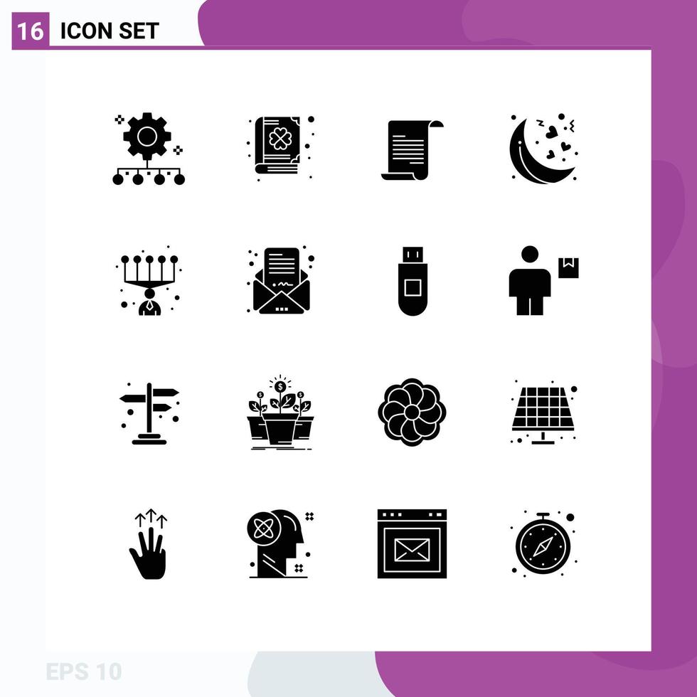 Modern Set of 16 Solid Glyphs Pictograph of skills personal patrick valentines moon Editable Vector Design Elements