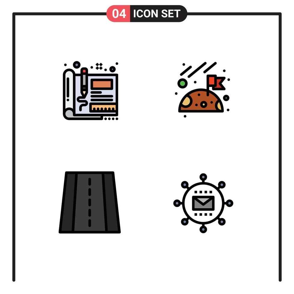 Universal Icon Symbols Group of 4 Modern Filledline Flat Colors of blueprint road sketch moon engine Editable Vector Design Elements