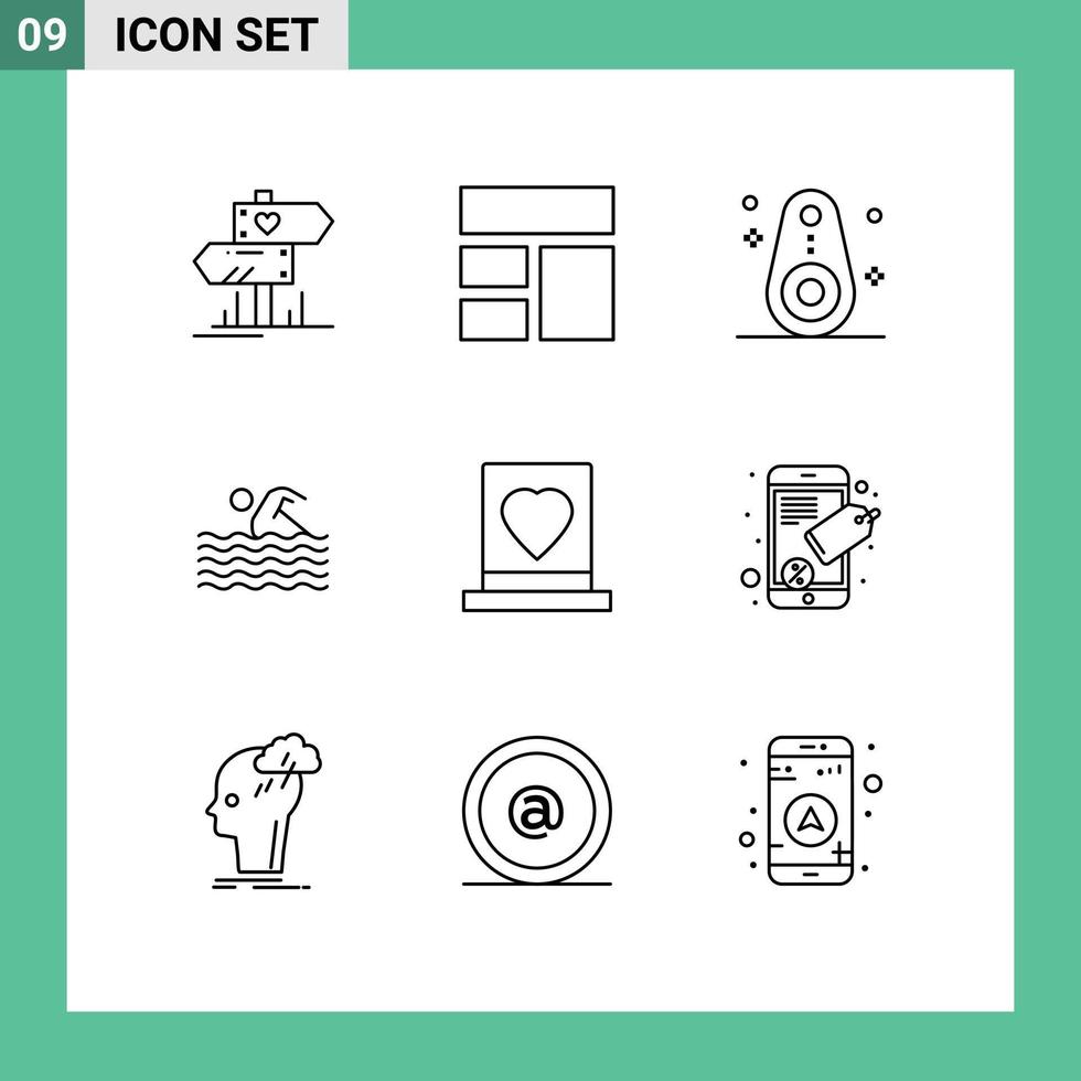 Set of 9 Commercial Outlines pack for groom swimming bluetooth swim activity Editable Vector Design Elements