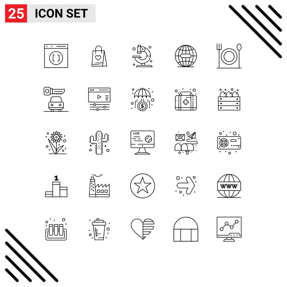Mobile Interface Line Set of 25 Pictograms of food internet lab globe earth Editable Vector Design Elements