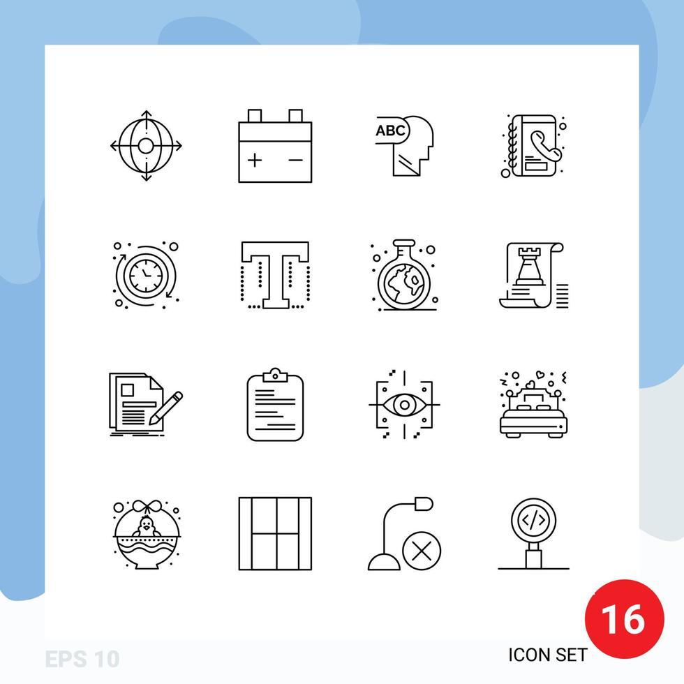 16 User Interface Outline Pack of modern Signs and Symbols of tool font book the clock Editable Vector Design Elements