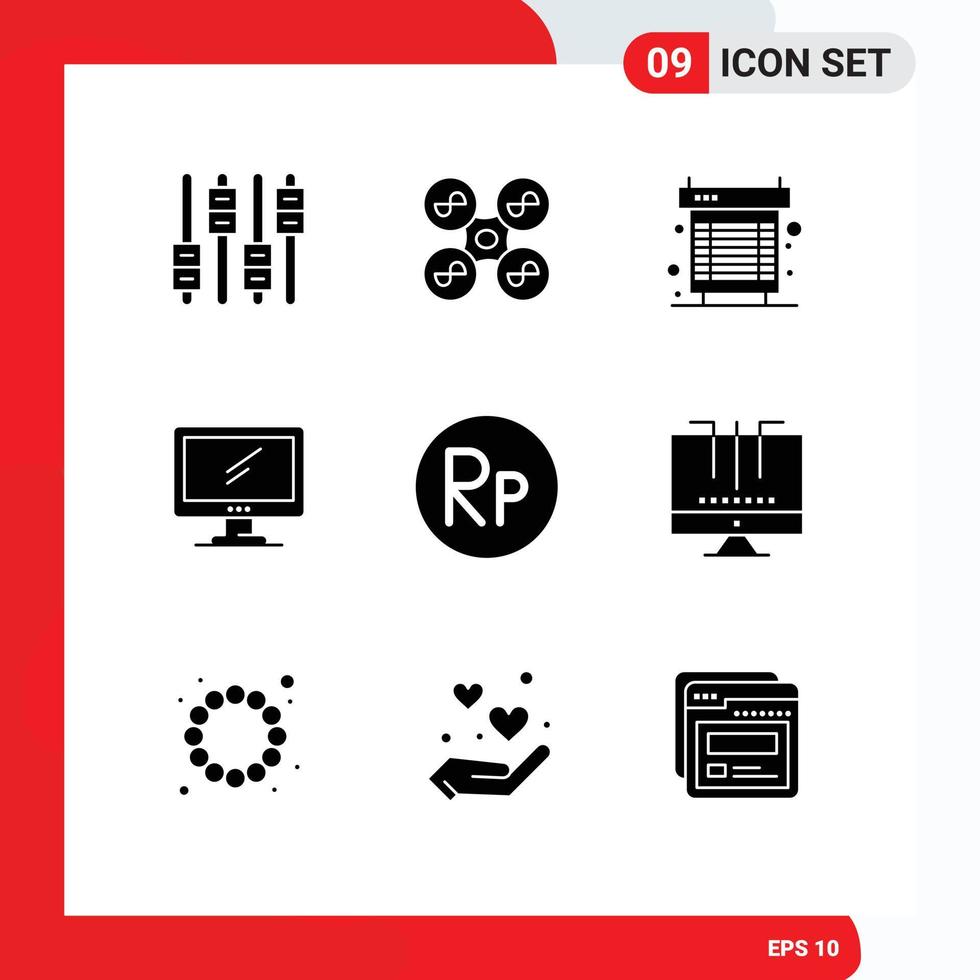 Group of 9 Modern Solid Glyphs Set for pc device computer monitor system Editable Vector Design Elements