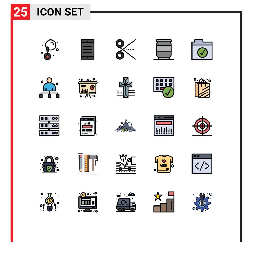 25 universal lleno línea plano colores conjunto para web y móvil aplicaciones jefe carpeta tijeras completar lata editable vector diseño elementos