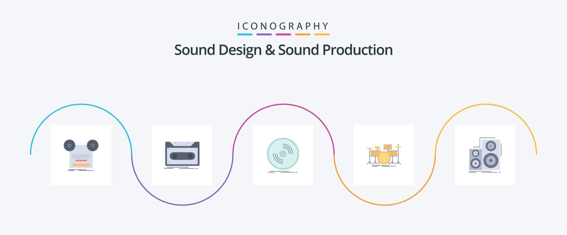Sound Design And Sound Production Flat 5 Icon Pack Including instrument. drum. tape. vinyl. phonograph vector
