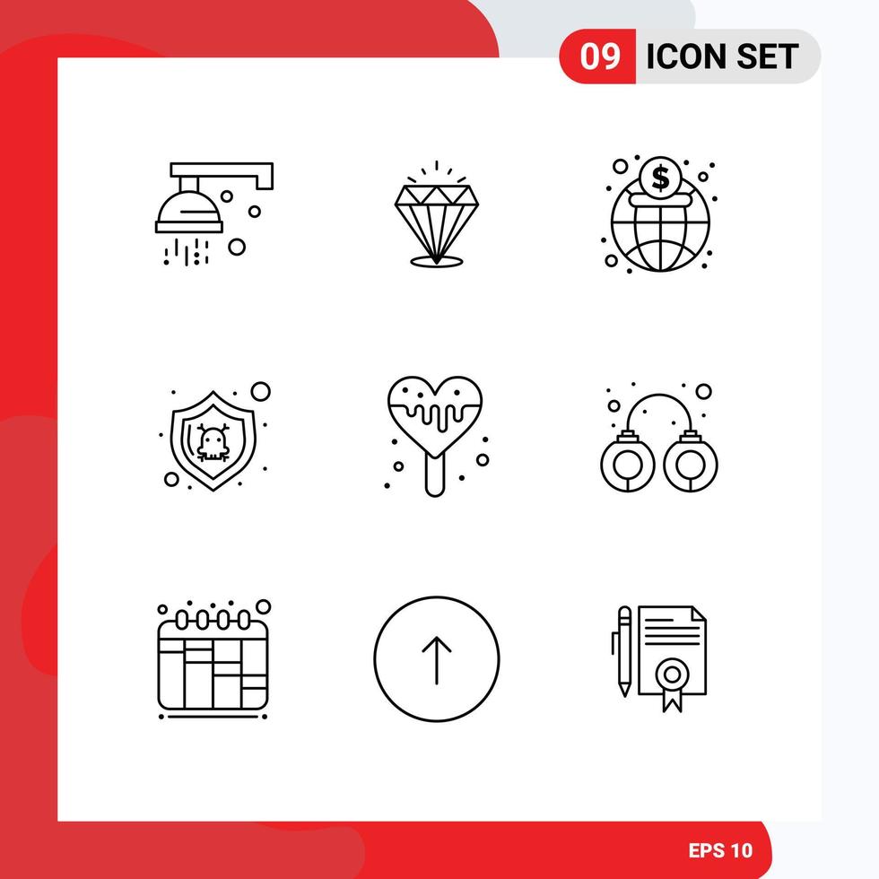 Group of 9 Outlines Signs and Symbols for ice sweet shield economy security danger Editable Vector Design Elements