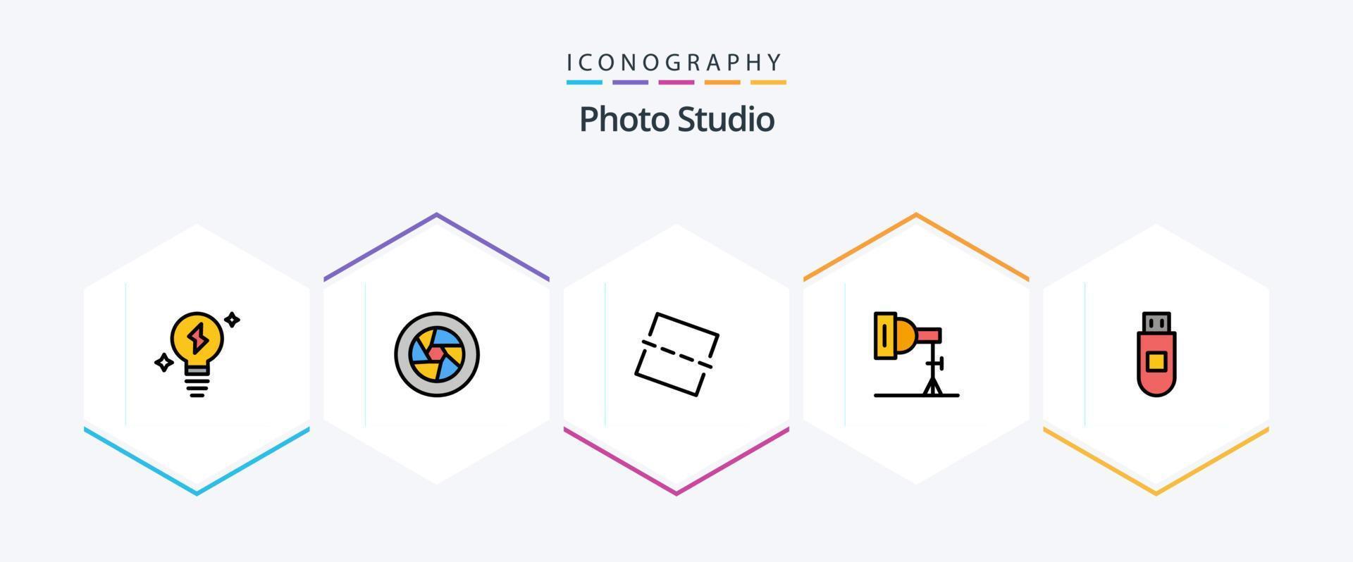 Photo Studio 25 FilledLine icon pack including data. usb. image. studio. photo vector