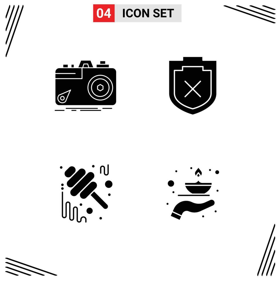 4 User Interface Solid Glyph Pack of modern Signs and Symbols of camera fall photo shield jam Editable Vector Design Elements