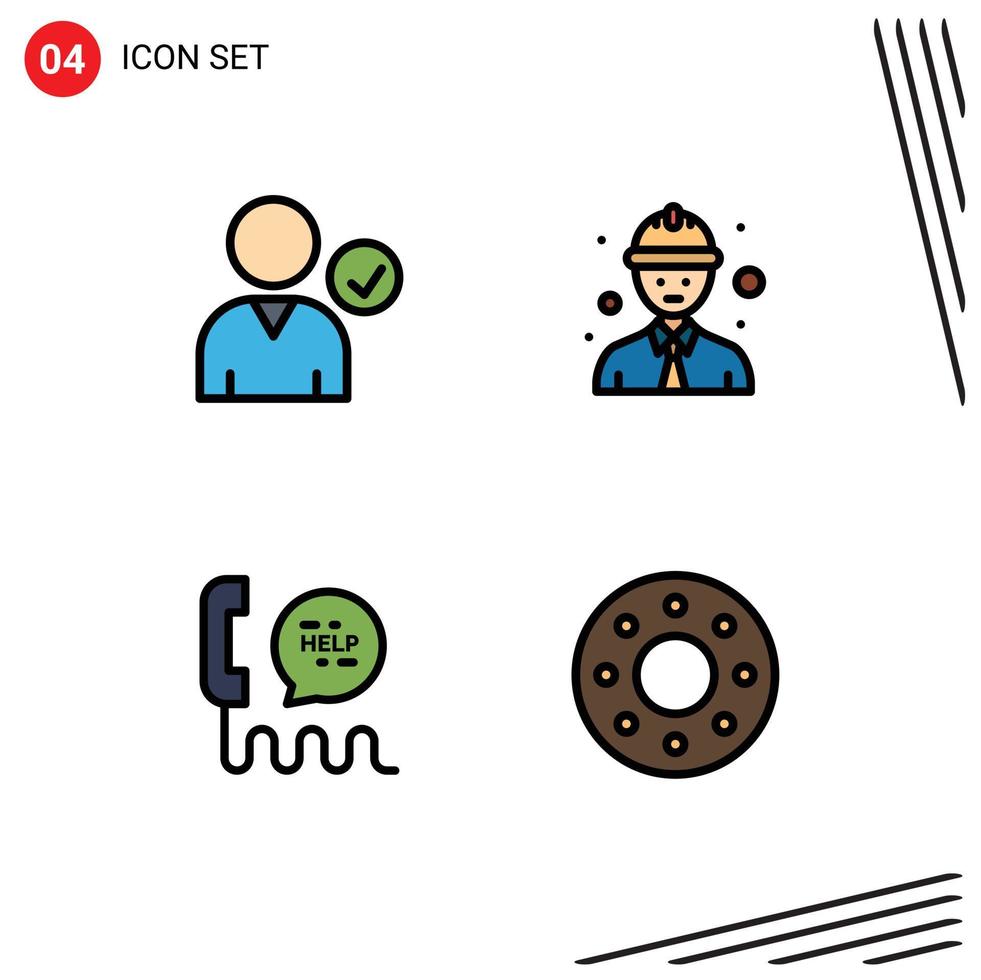 4 Universal Filledline Flat Color Signs Symbols of check contact line worker call donut Editable Vector Design Elements
