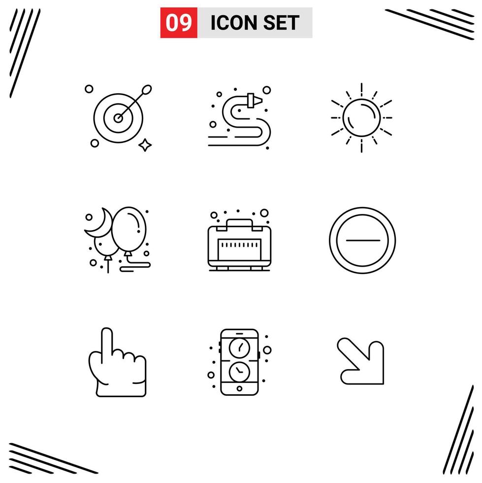 Universal Icon Symbols Group of 9 Modern Outlines of luggage party space night balloon Editable Vector Design Elements