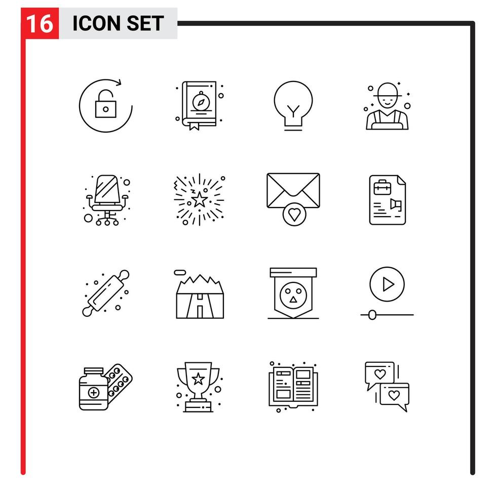 Pictogram Set of 16 Simple Outlines of office chair bulb rancher farmer Editable Vector Design Elements