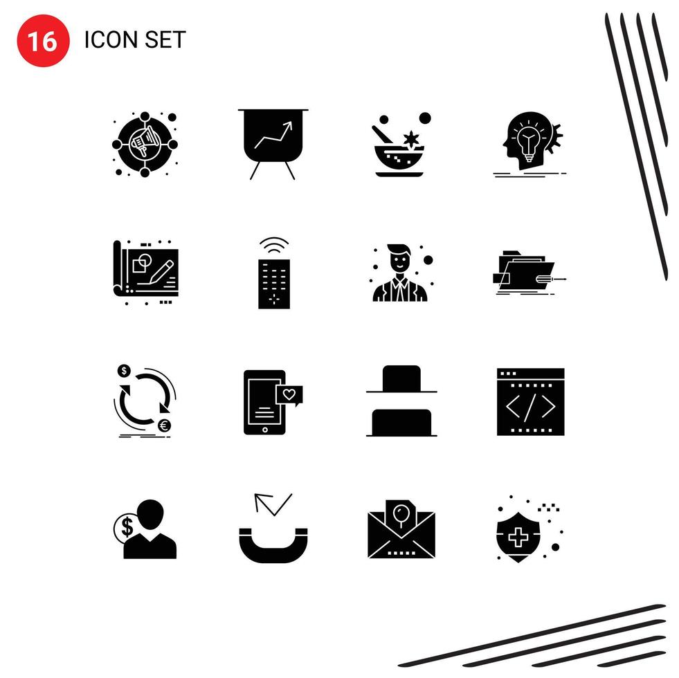 Pictogram Set of 16 Simple Solid Glyphs of draft blue print mortar thinking head Editable Vector Design Elements