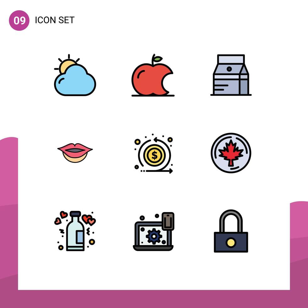 Modern Set of 9 Filledline Flat Colors and symbols such as return flow drink cash lips Editable Vector Design Elements