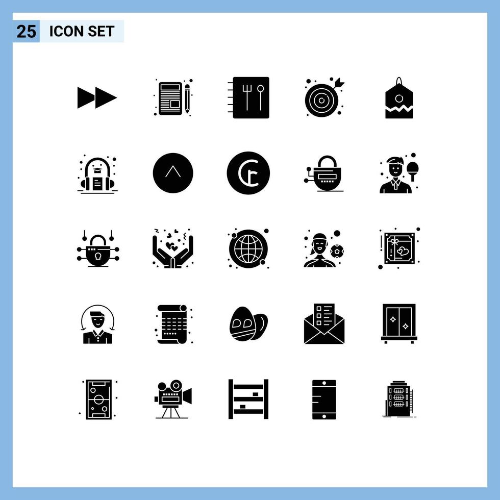 Editable Vector Line Pack of 25 Simple Solid Glyphs of learning book bulls eye audio book over Editable Vector Design Elements