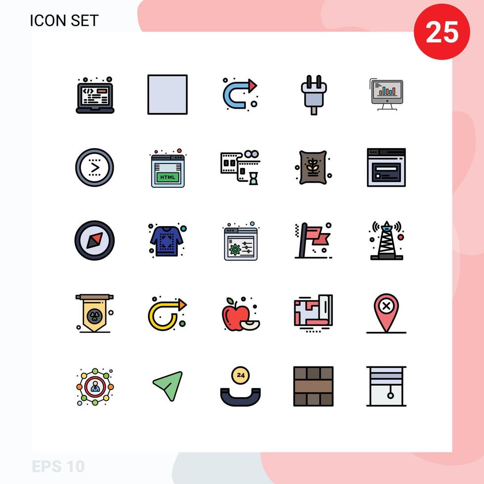 25 Universal Filled line Flat Color Signs Symbols of business chart u turn power cord Editable Vector Design Elements