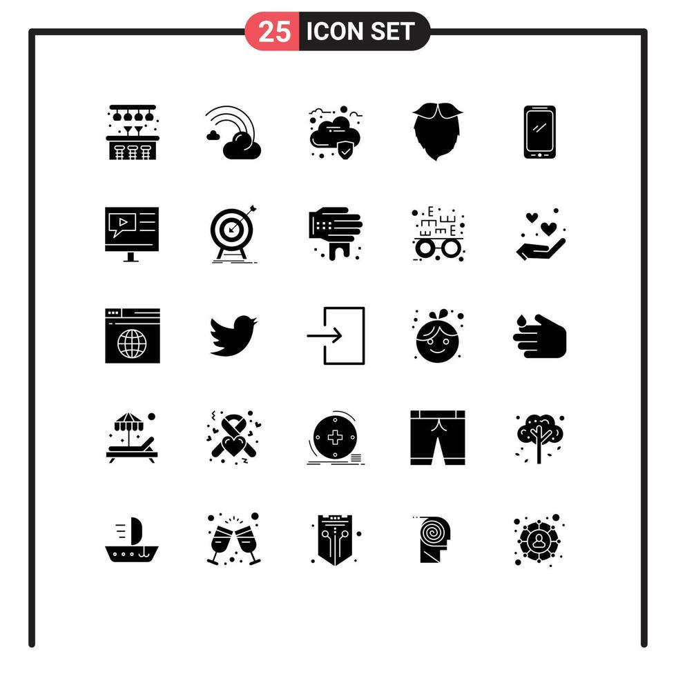 Group of 25 Solid Glyphs Signs and Symbols for smart phone men cloud beared hipster Editable Vector Design Elements