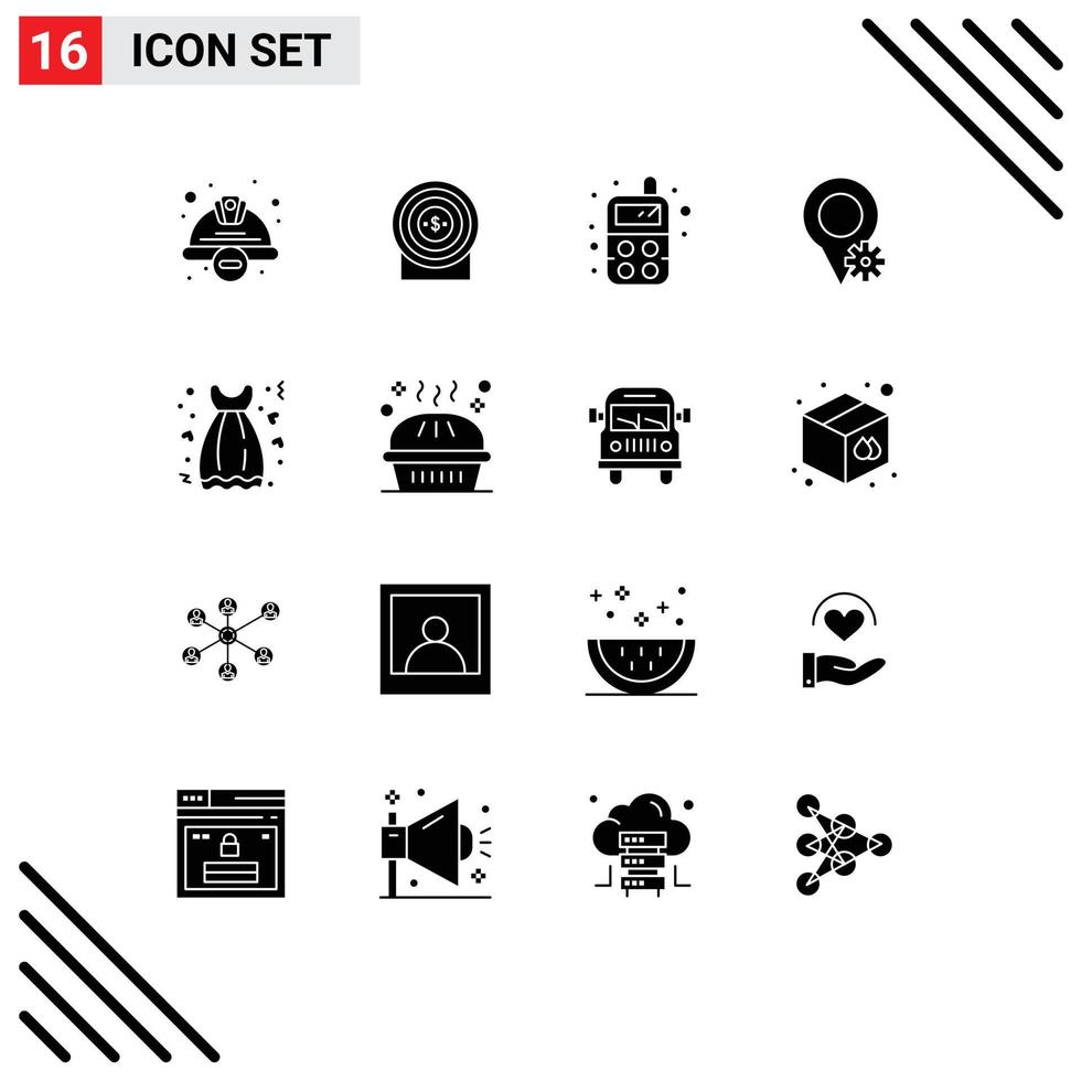 Universal Icon Symbols Group of 16 Modern Solid Glyphs of dress cloth target settings location Editable Vector Design Elements
