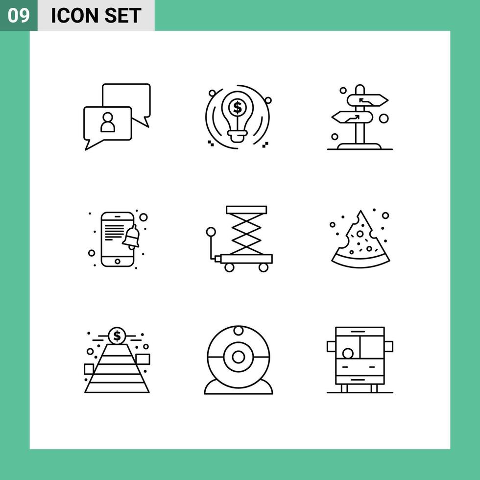 Editable Vector Line Pack of 9 Simple Outlines of construction smartphone board notification arrow Editable Vector Design Elements