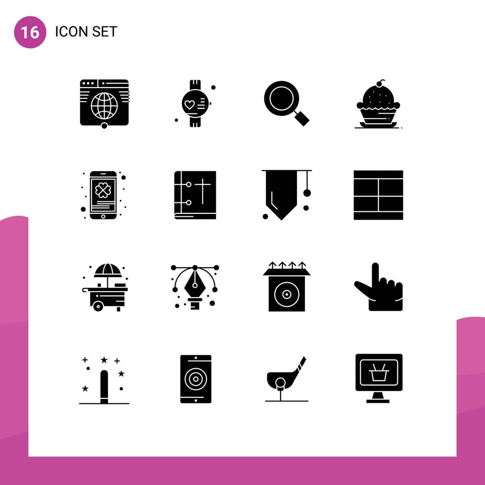 Mobile Interface Solid Glyph Set of 16 Pictograms of cell phone sweet general muffin cake Editable Vector Design Elements