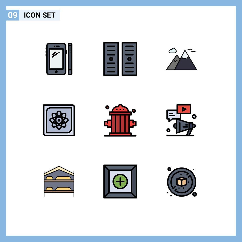 Group of 9 Modern Filledline Flat Colors Set for firefighter data mountains computing computation Editable Vector Design Elements