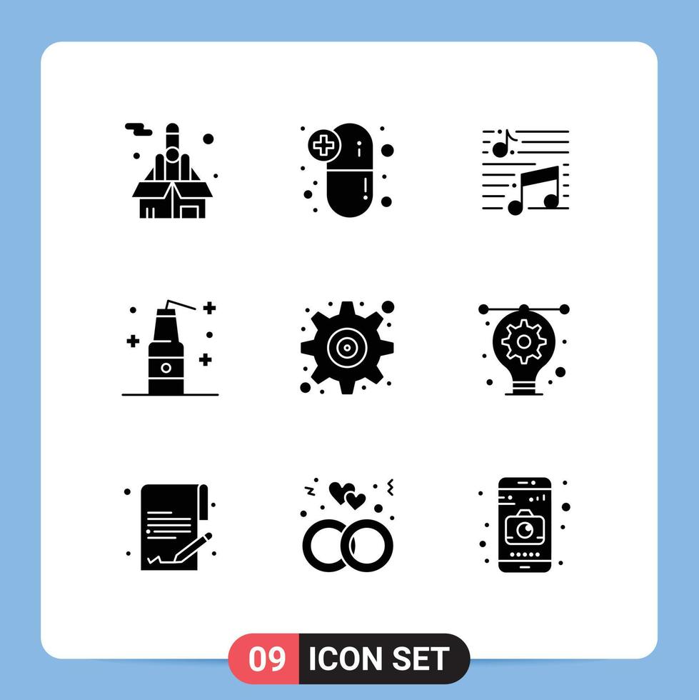 Modern Set of 9 Solid Glyphs Pictograph of gear terrorism music bottle sound Editable Vector Design Elements