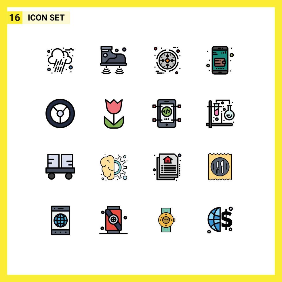 Group of 16 Flat Color Filled Lines Signs and Symbols for flower mechanics management wheel online wallet Editable Creative Vector Design Elements