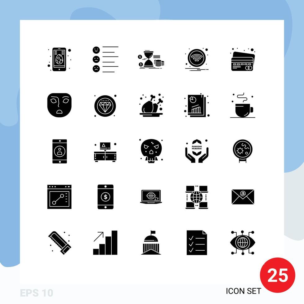 Modern Set of 25 Solid Glyphs Pictograph of card wireless hourglass wifi coins Editable Vector Design Elements