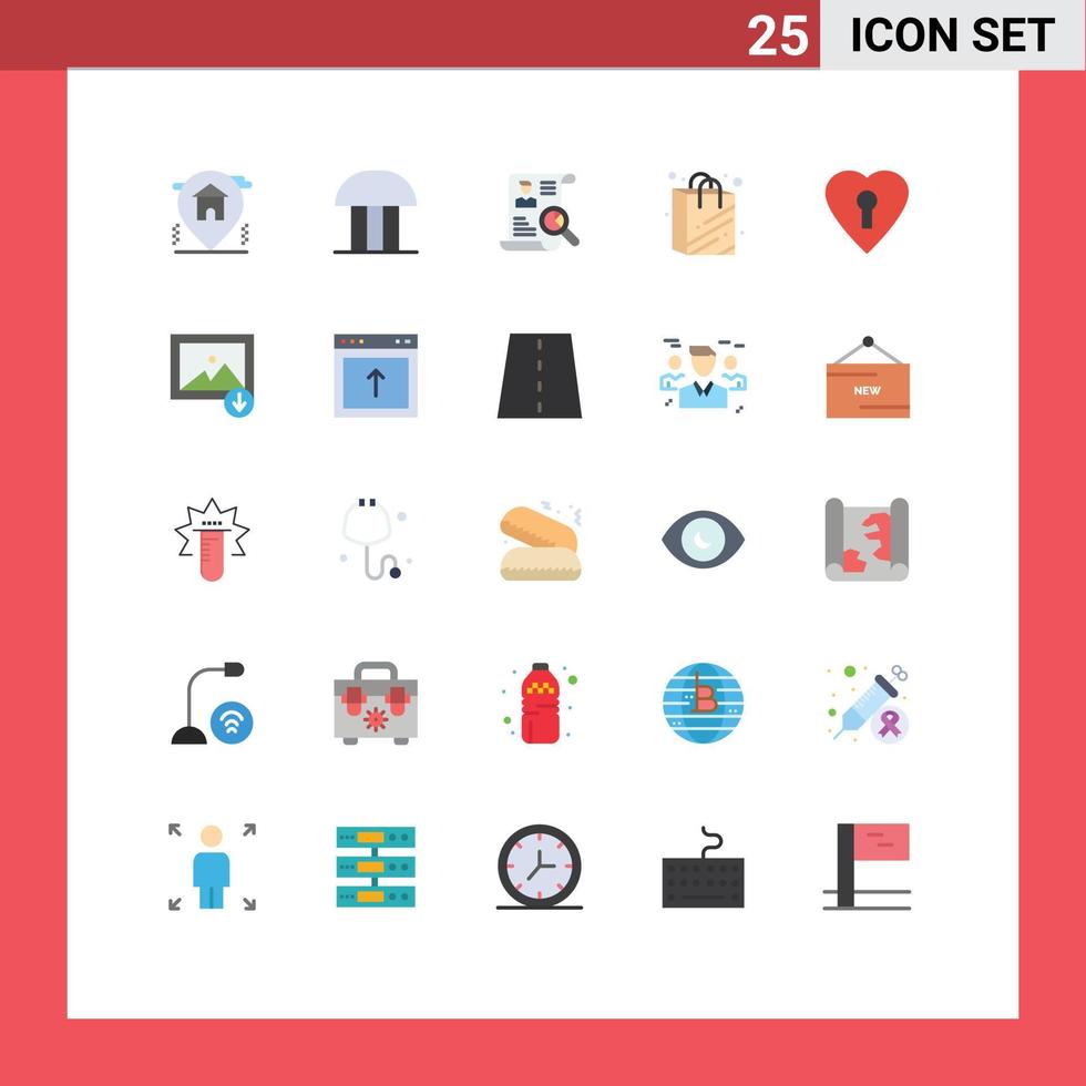 Editable Vector Line Pack of 25 Simple Flat Colors of heart shopping bag courthouse bag job Editable Vector Design Elements