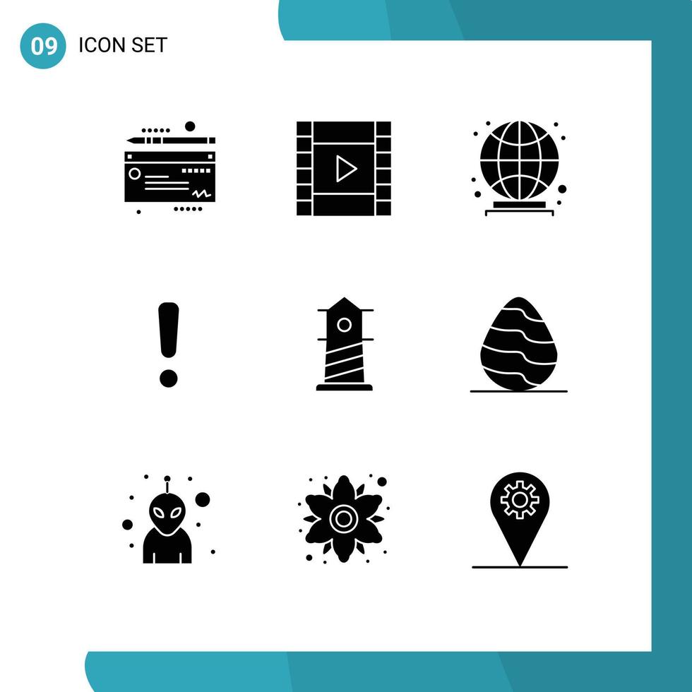 Group of 9 Modern Solid Glyphs Set for egg house world lighthouse sign Editable Vector Design Elements