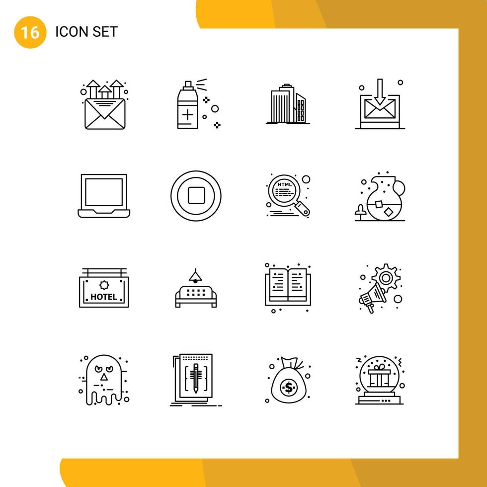 16 Universal Outlines Set for Web and Mobile Applications laptop computer buildings technology business Editable Vector Design Elements