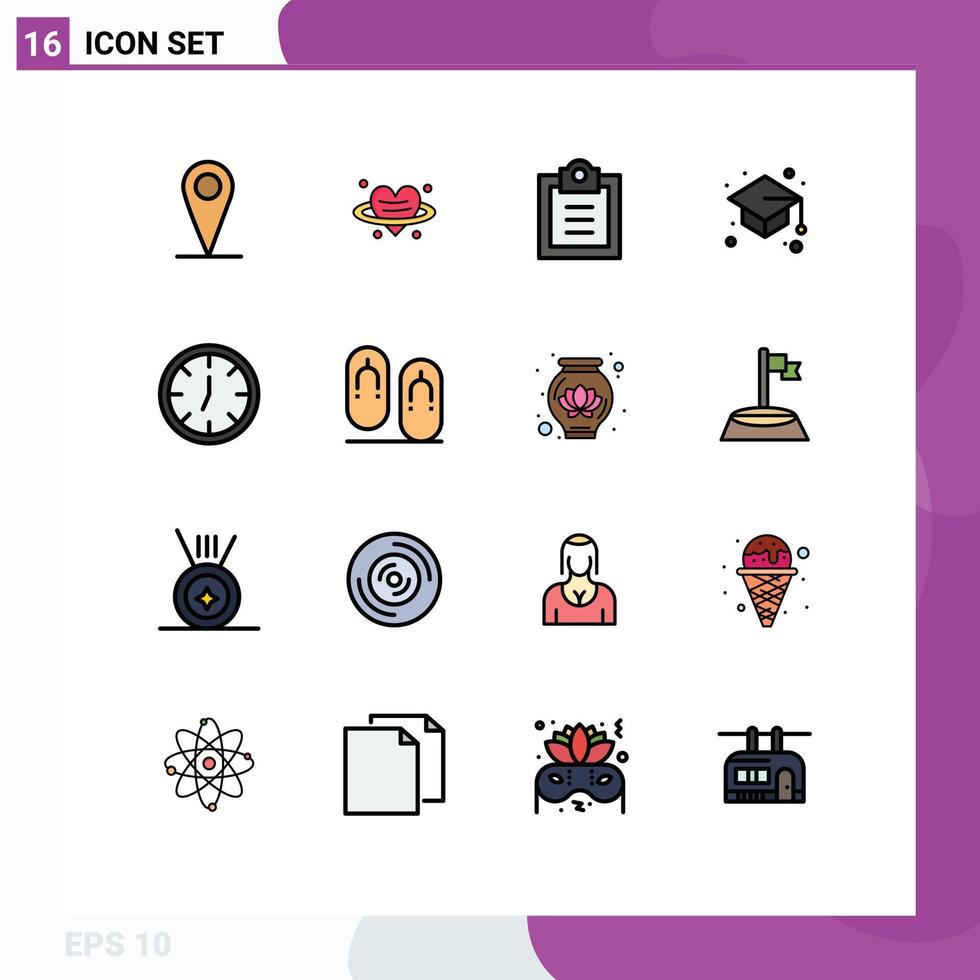 Group of 16 Modern Flat Color Filled Lines Set for flip interior tasks clock graduate cap Editable Creative Vector Design Elements