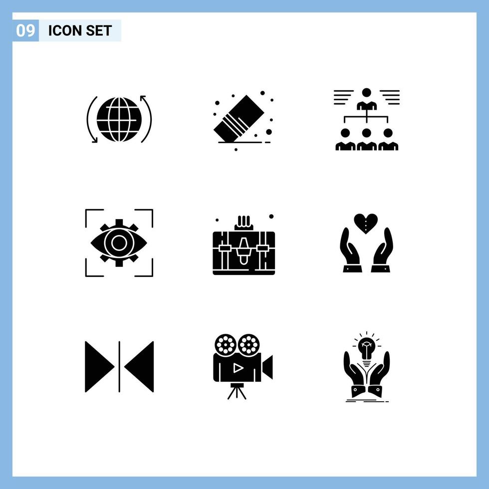 Set of 9 Vector Solid Glyphs on Grid for view focus stationery eyesight user Editable Vector Design Elements